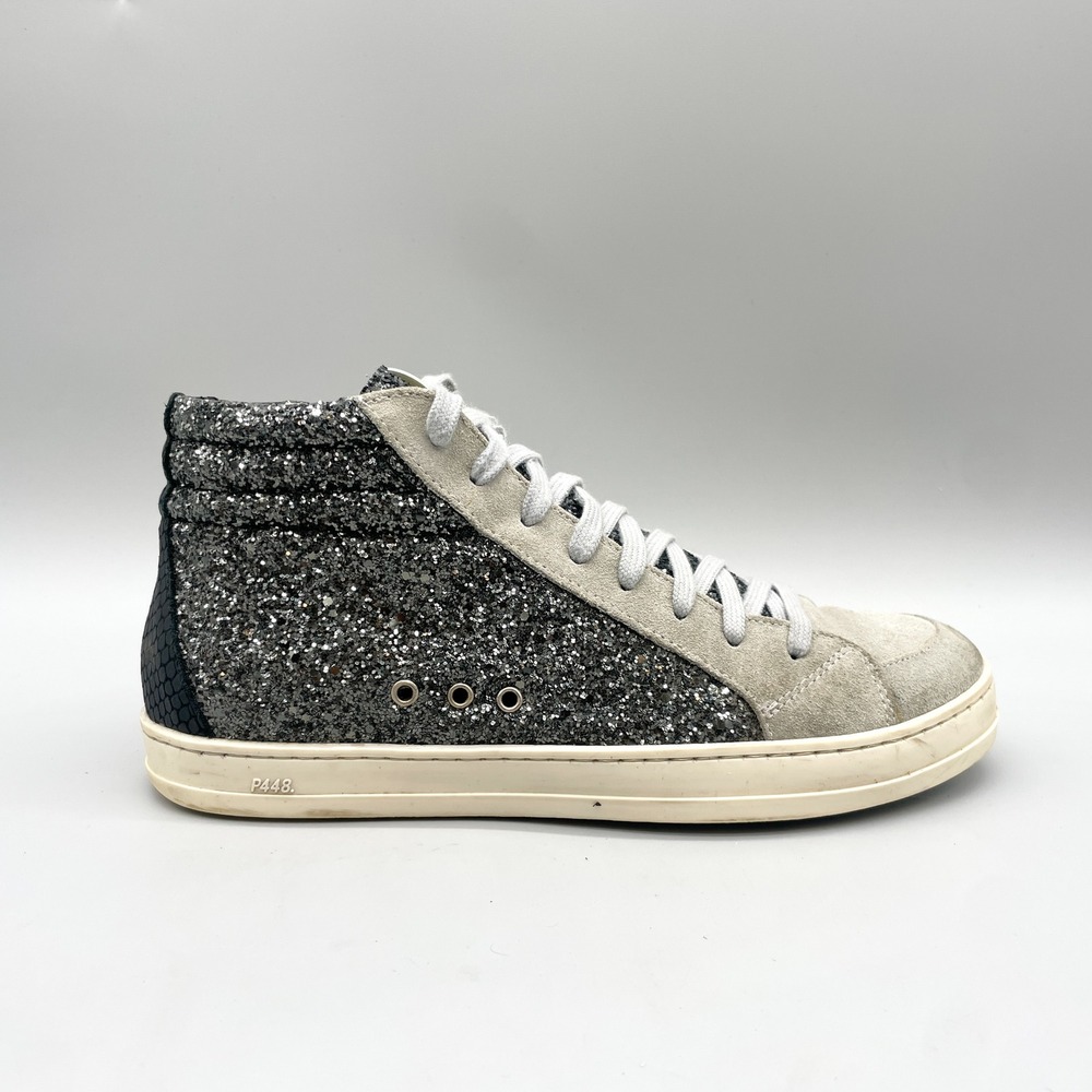 P448 Womens 39 Skate High Top Sneakers Silver Glitter Grey Suede Disco Glam Rock